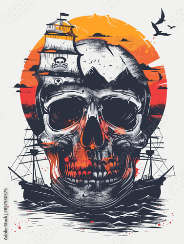 Skull with a skull on it and a ship in the background. The skull is surrounded by a red and orange sunset