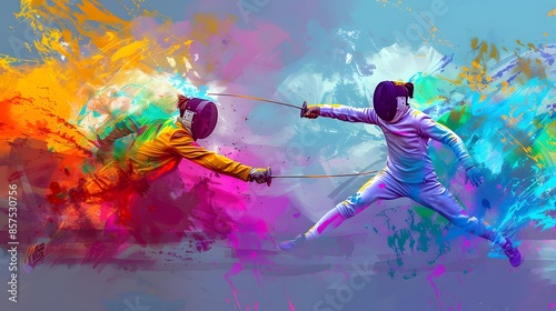 Dynamic Abstract Art of Two Fencers Engaged in a Vibrant Mid-Bout Duel, Perfect for Posters and Prints photo