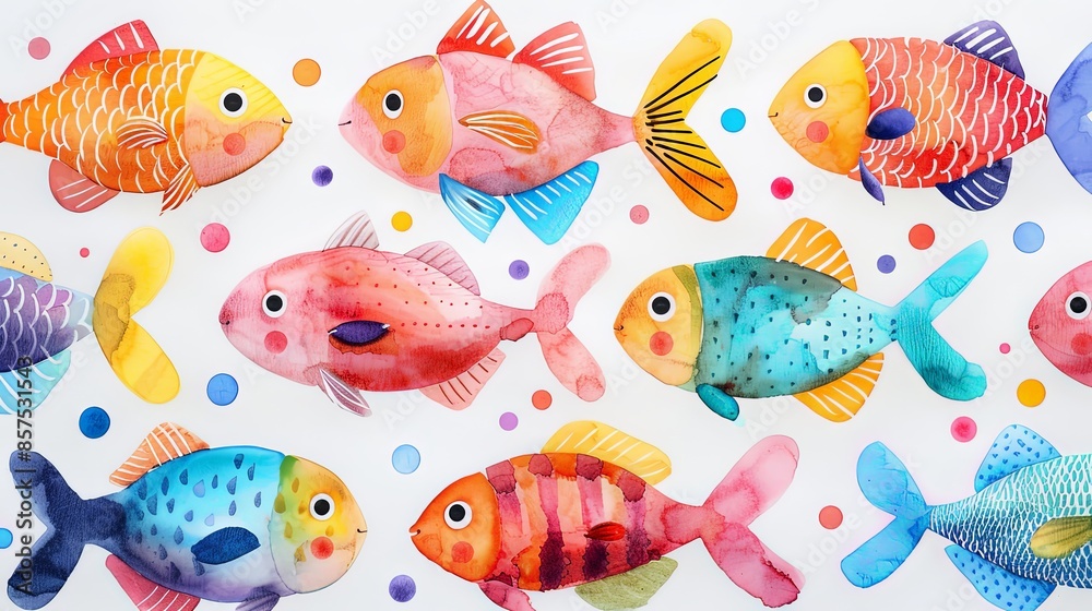 An imaginative illustration of a school of fish in different colors and patterns swimming together underwater, highlighting the diversity and beauty of marine life. An imaginative illustration of a school of fish in different colors and patterns swimming together underwater, highlighting the diversity and beauty of marine life.