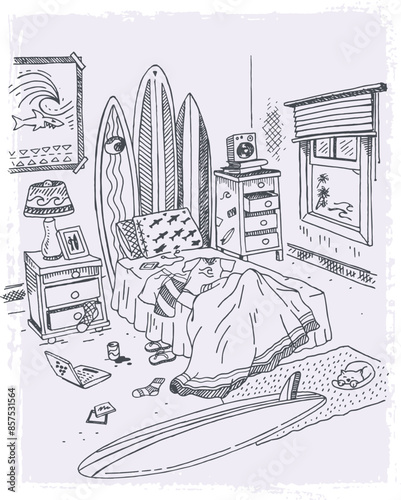 Handmade vector illustration of messy room. Young man's room with surfboards, posters, CDs and clothes scattered around.