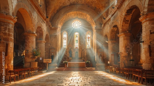 A beautifully lit, historic cathedral interior with sunlight streaming through stained glass windows creating a serene atmosphere in a sacred space