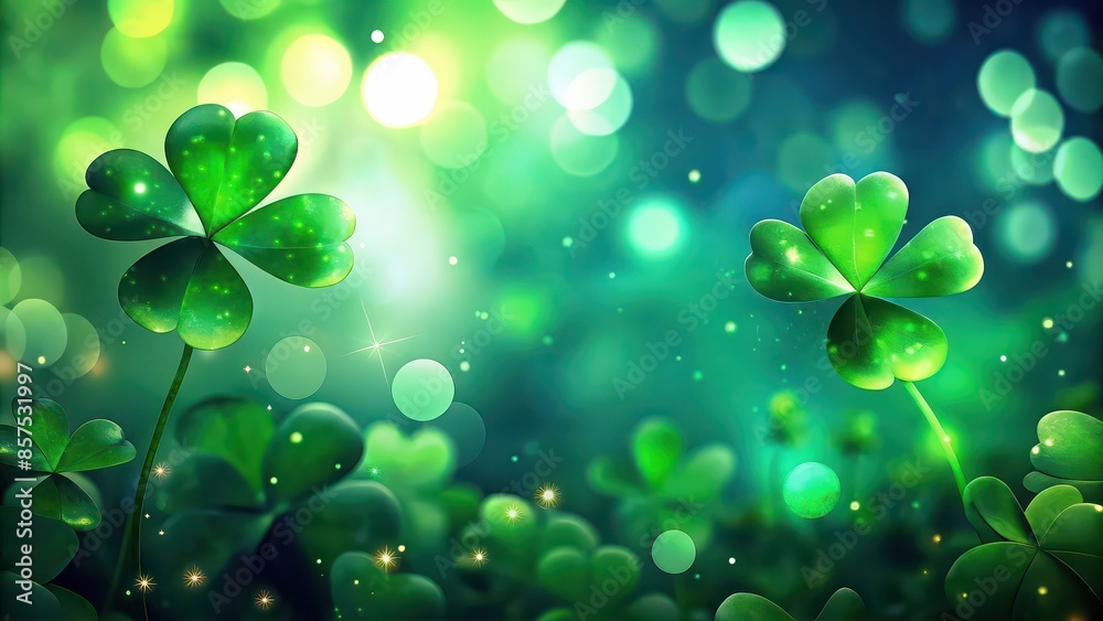Dreamy Saint Patrick's Day background with green four-leaf clovers and blurred bokeh , luck, Irish, celebration, holiday, clover, festive, St. Patrick's Day, dreamy, green, background Dreamy Saint Patrick's Day background with green four-leaf clovers and blurred bokeh , luck, Irish, celebration, holiday, clover, festive, St. Patrick's Day, dreamy, green, background
