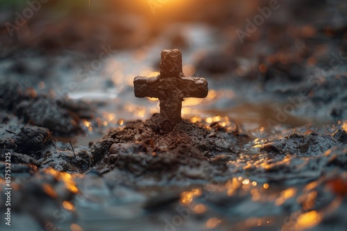 A solitary cross stands firmly entrenched in the damp mud under the refracting warm light of dusk, illustrating the peaceful convergence of symbol and nature