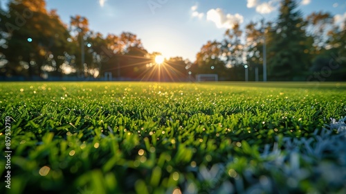 A picturesque sunset view over a lush green soccer field with vibrant grass and shimmering dew, surrounded by trees and illuminated by warm sunlight and distant lights