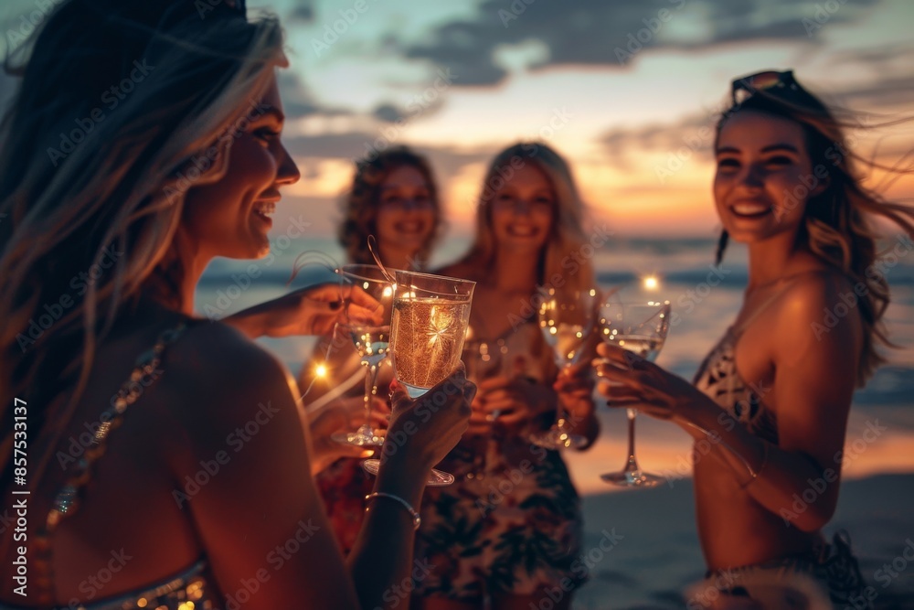 © YURIMA - An assorted group of women bonding at a scenic beach party, enjoying tropical drinks as the sun sets. Laughter and joy fill their festive gathering by the ocean, creating cherished memories