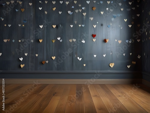 Room with wooden floor. Wall decorated with wallpaper with hearts. Empty.	