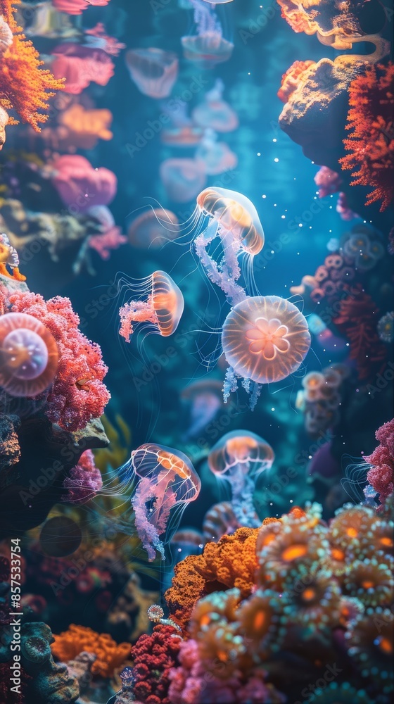 Naklejka premium Jellyfish swimming in a vibrant coral reef