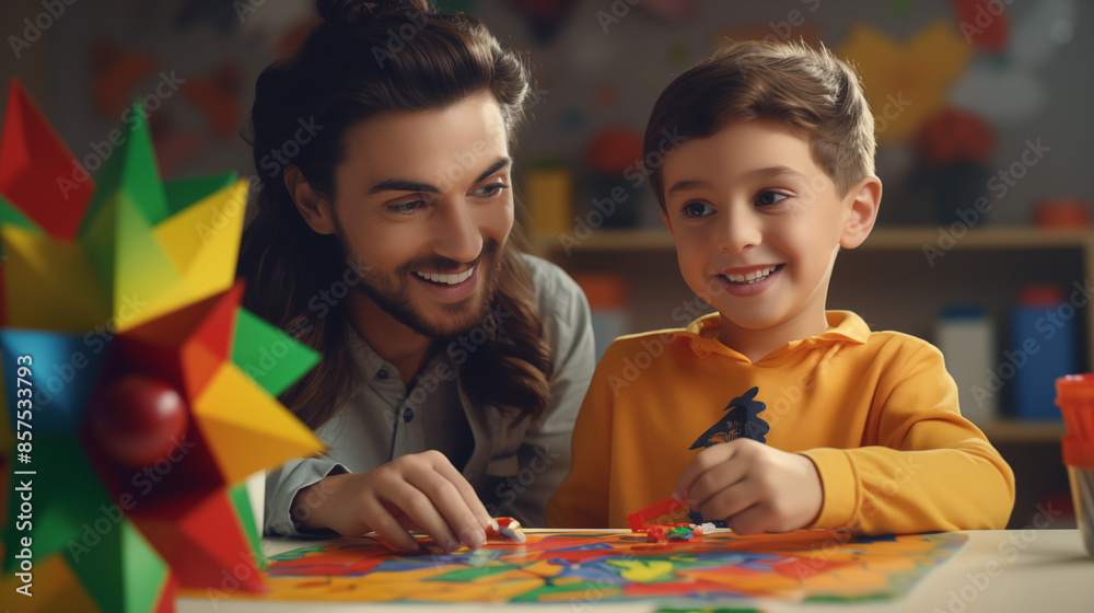 Fototapeta premium A young boy with a bright smile engages in a hands-on activity with his school tutor in a colorful classroom setting.