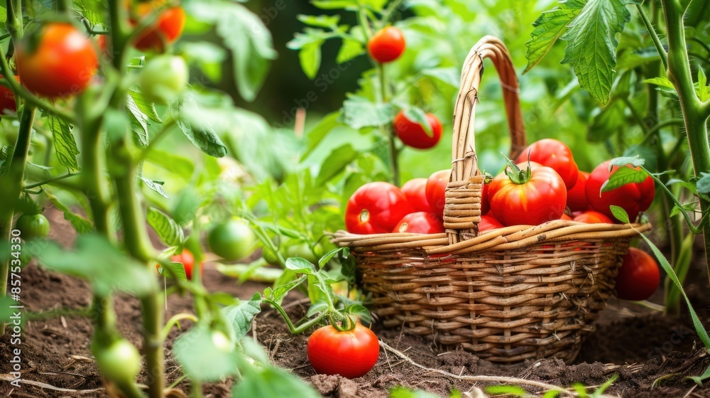 Tomatoes are placed in the basket in the tomato garden Tomatoes are placed in the basket in the tomato garden
