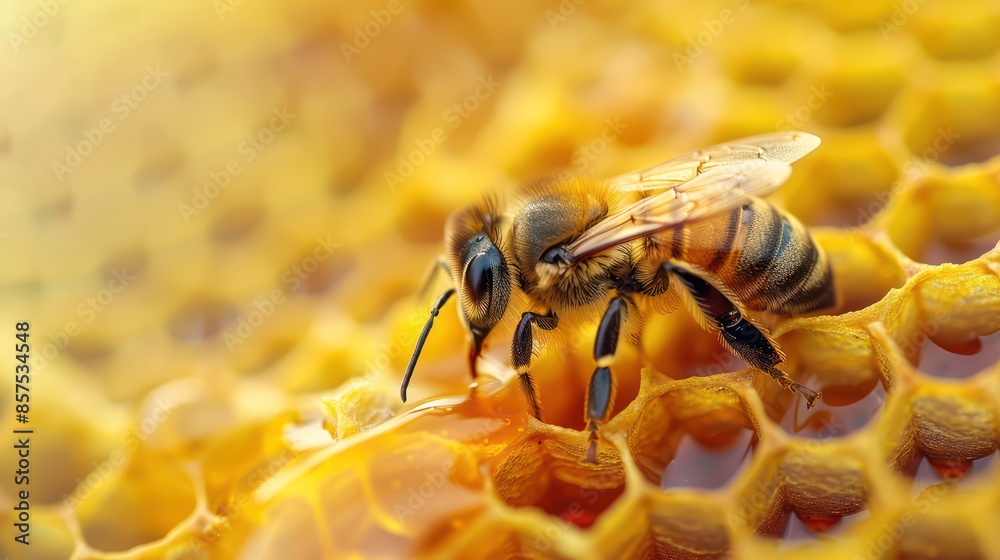 Macro photo of a bee hive on a honeycomb with copyspace. Bees produce fresh, healthy, honey. Beekeeping concept Macro photo of a bee hive on a honeycomb with copyspace. Bees produce fresh, healthy, honey. Beekeeping concept