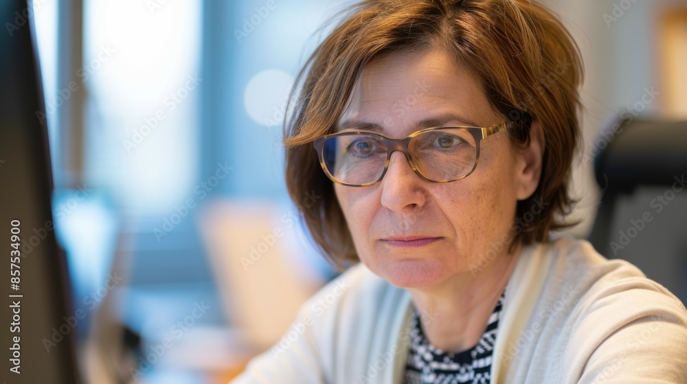 A woman wearing glasses is sitting at a desk in front of a computer monitor, businesswoman in the office A woman wearing glasses is sitting at a desk in front of a computer monitor, businesswoman in the office