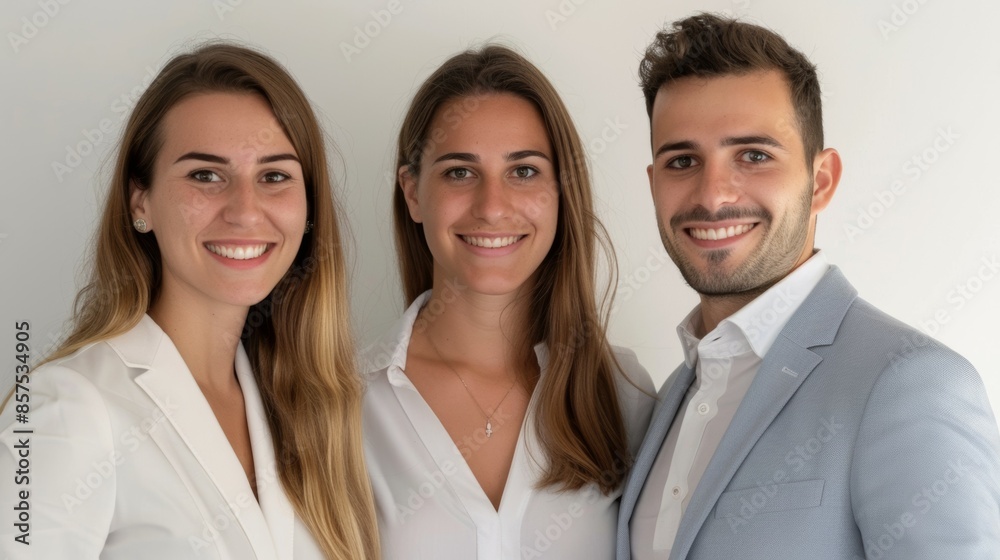 Three people are smiling for a photo, business team concept Three people are smiling for a photo, business team concept