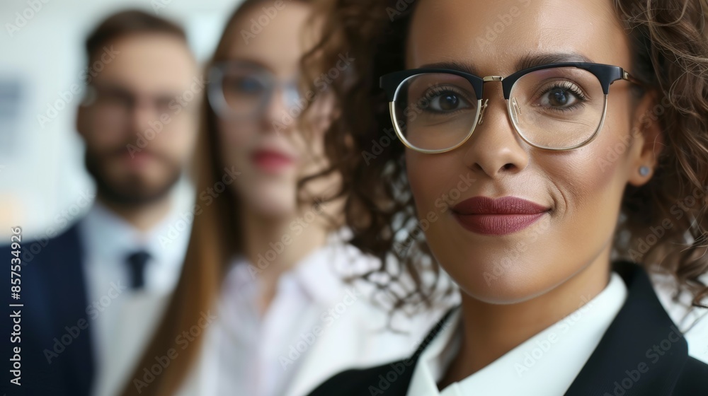 A woman with glasses and red lipstick stands in front of two other people, business team concept A woman with glasses and red lipstick stands in front of two other people, business team concept