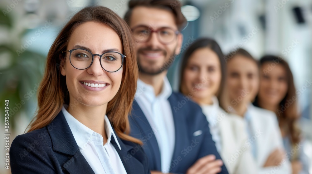 A group of people are smiling for a photo, with one woman wearing glasses, business team concept A group of people are smiling for a photo, with one woman wearing glasses, business team concept