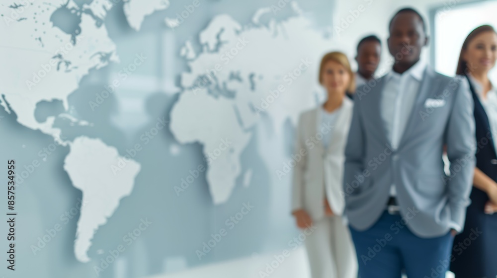 A group of people stand in front of a large map of the world, business team concept A group of people stand in front of a large map of the world, business team concept