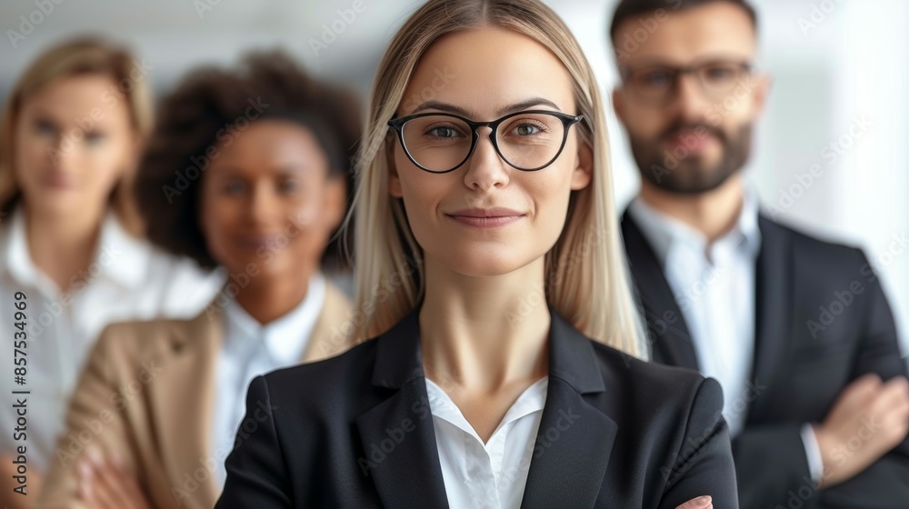 A group of people are standing together, one of them is wearing glasses, business team concept A group of people are standing together, one of them is wearing glasses, business team concept