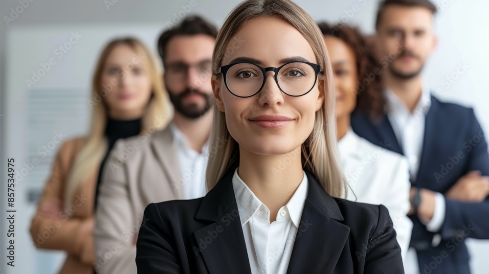 A group of people are standing together, one of them is wearing glasses, business team concept A group of people are standing together, one of them is wearing glasses, business team concept