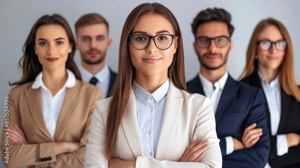 A group of people in business attire, including a woman with glasses, business team concept A group of people in business attire, including a woman with glasses, business team concept