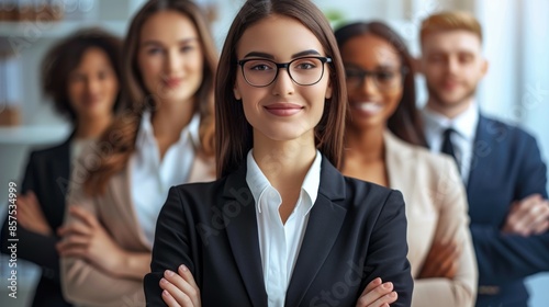 A group of people in business attire, including a woman wearing glasses, business team concept