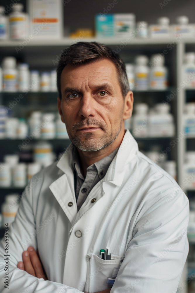 Portrait of mature man pharmacist stand in the pharmacy and work