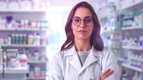 Portrait of adult woman pharmacist stand in the pharmacy and work