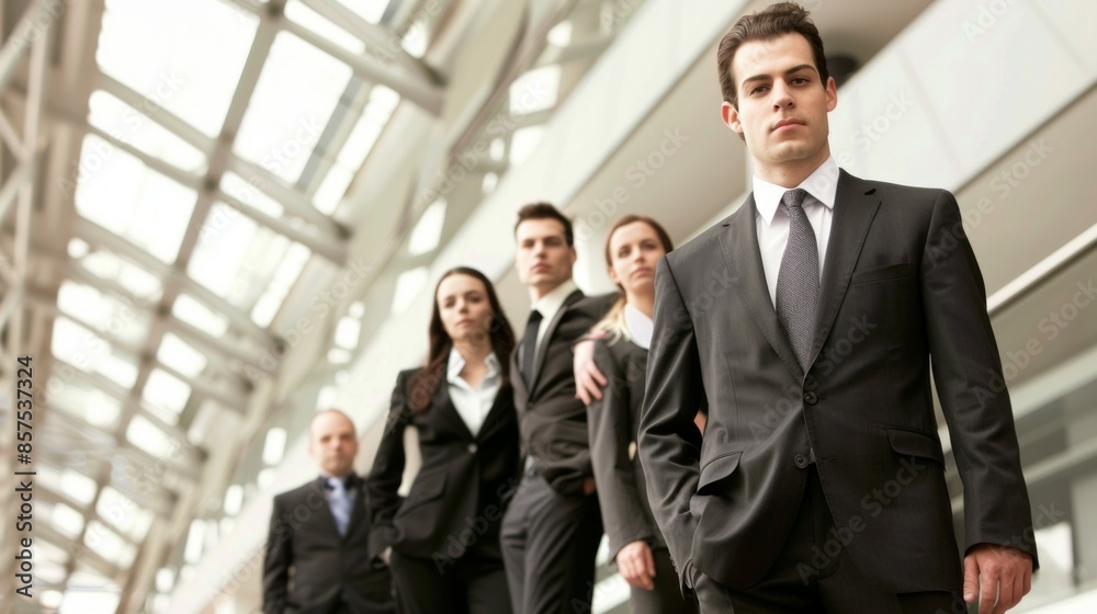 A group of men and women in suits are walking down a hallway, business team concept A group of men and women in suits are walking down a hallway, business team concept
