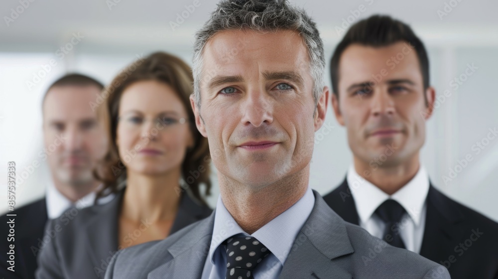 A group of four men and a woman are standing together in a business setting, business team concept A group of four men and a woman are standing together in a business setting, business team concept