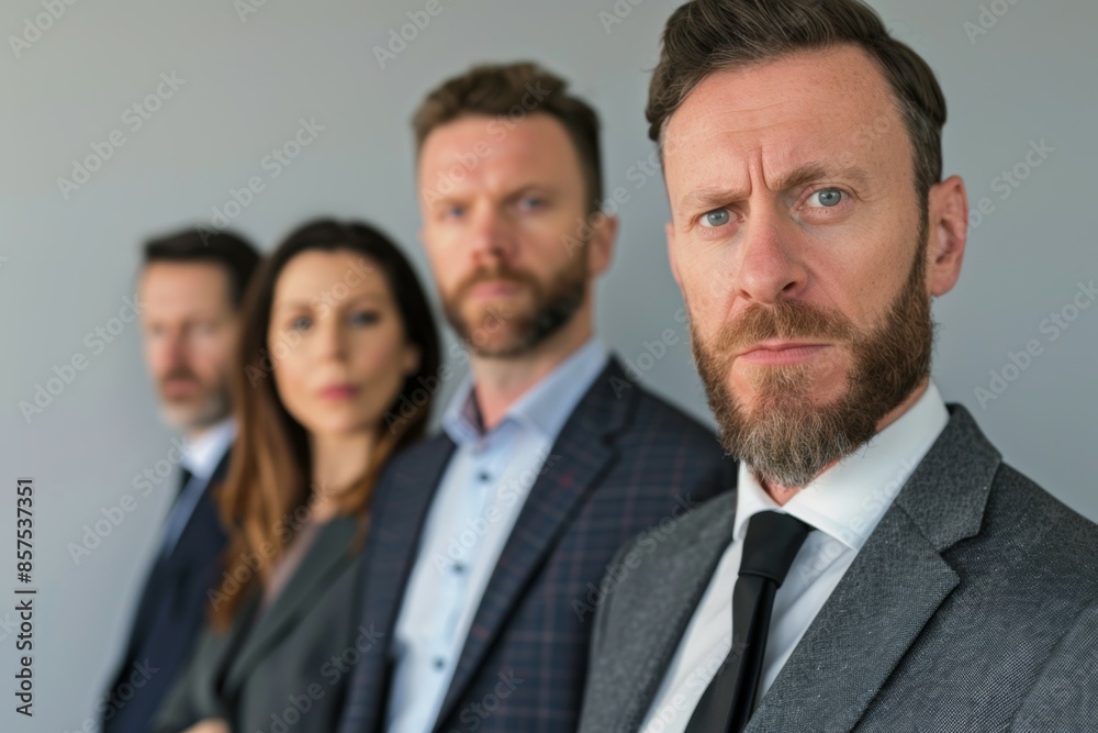 Four men in suits and ties are standing in a line, business team concept Four men in suits and ties are standing in a line, business team concept