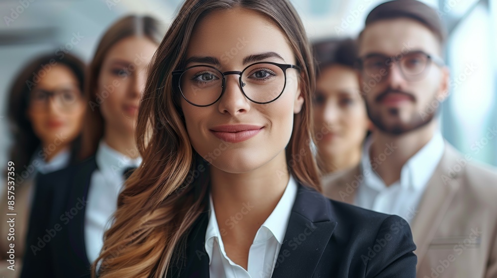 A woman with glasses is smiling at the camera, business team concept