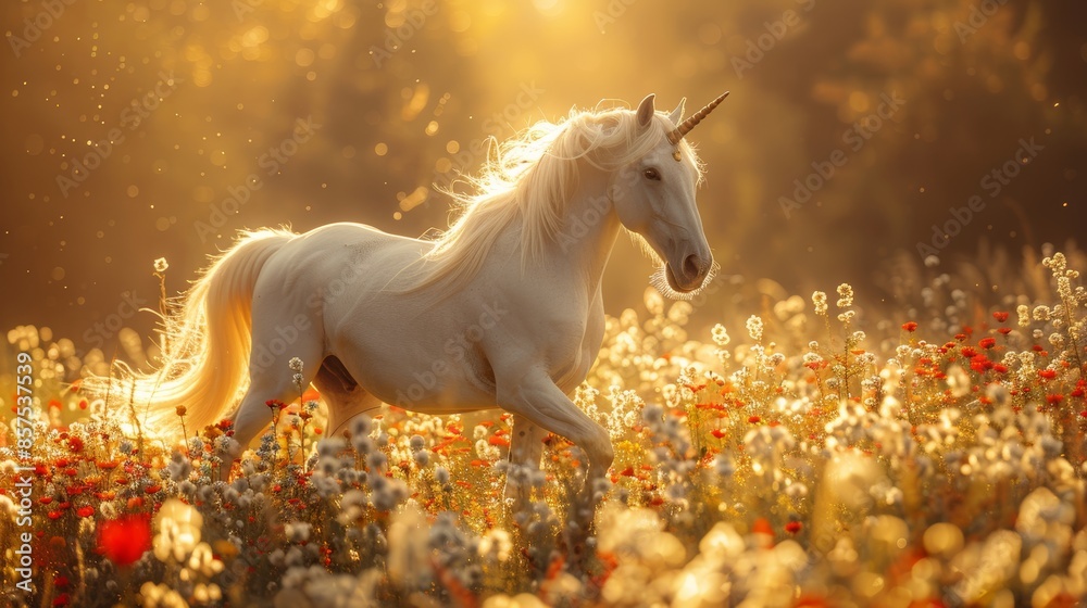 Majestic white unicorn in a sunlit meadow of wildflowers, fantasy concept Majestic white unicorn in a sunlit meadow of wildflowers, fantasy concept