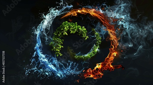 Dramatic Artistic Display of the Four Elements in a Circular Shape on a Dark Background