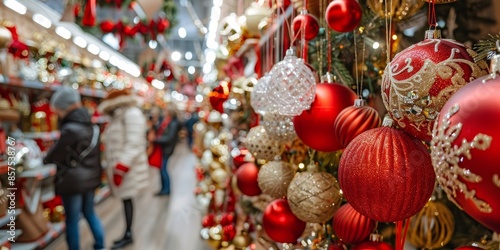 Christmas ornaments hang in a store.