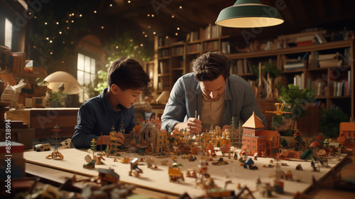 A delighted boy and his school tutor enjoy building a model together, with books and educational toys scattered around them in a cozy learning environment.