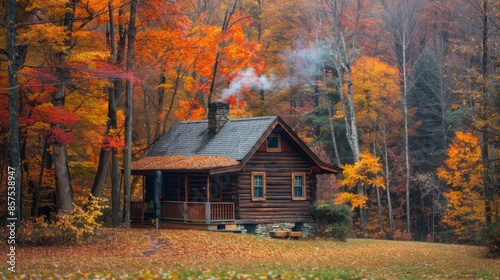 Cozy cabin home in the woods in an inviting scenic fall setting with trees and leaves in seasonal colors. Extra space for text copy. © Andrea