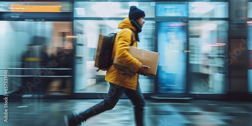 Young delivery man running in the city