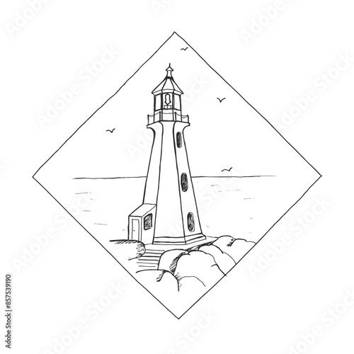 Monochrome hand drawn illustration of lighthouse with beacon on seashore. Island in the ocean with cliffs. Seascape with signal building