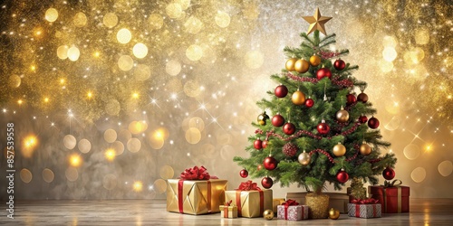 Christmas tree decorations and gifts in a sparkling festive setting , sparkling, festive, ornaments, Christmas tree, decorations, gifts, magical, holiday season, shiny, glitter, lights