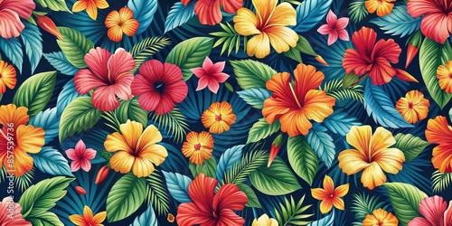 Seamless floral hibiscus background perfect for a Hawaiian shirt fabric pattern design, floral, hibiscus, seamless, background, pattern, Hawaiian, shirt, fabric, tropical, colorful, vibrant