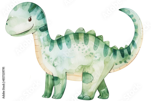 Fototapeta Naklejka Na Ścianę i Meble -  Watercolor illustration of a smiling dinosaur in green shades, cute concept