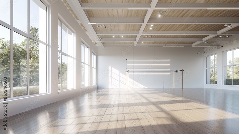 Spacious Modern Dance Studio with Large Windows and Wooden Floor, Generative AI Spacious Modern Dance Studio with Large Windows and Wooden Floor, Generative AI