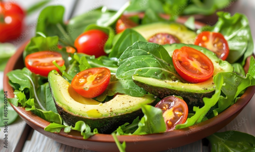 Avocado salad with mixed greens and cherry tomatoes on a light wooden background Avocado salad with mixed greens and cherry tomatoes on a light wooden background