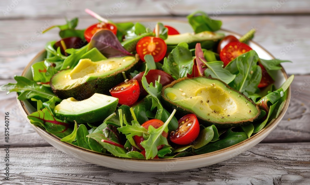 Avocado salad with mixed greens and cherry tomatoes on a light wooden background Avocado salad with mixed greens and cherry tomatoes on a light wooden background