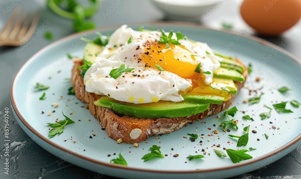 Avocado toast with poached egg and herbs on a pastel blue plate Avocado toast with poached egg and herbs on a pastel blue plate