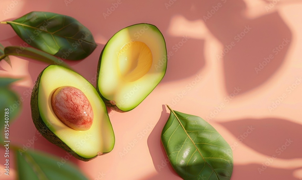 Avocado with leaves on a light pink background Avocado with leaves on a light pink background