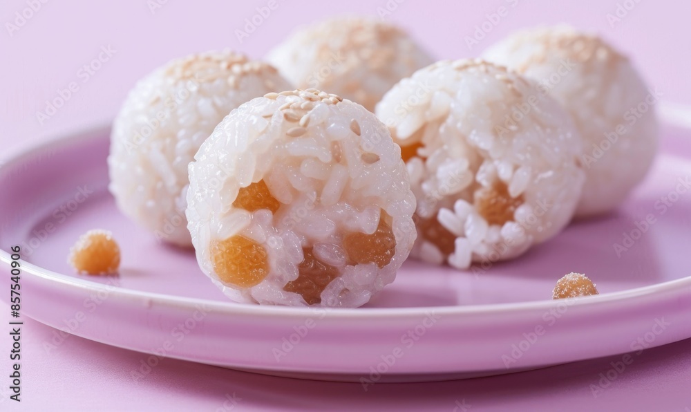 Chinese glutinous rice balls with sweet fillings on a pastel purple plate Chinese glutinous rice balls with sweet fillings on a pastel purple plate