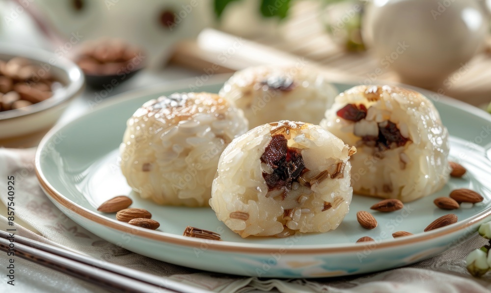 Chinese sweet rice cakes with red bean on a pastel green plate Chinese sweet rice cakes with red bean on a pastel green plate