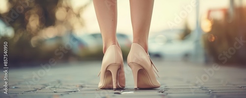 Closeup of a woman's legs in beige high heels, walking on a city street, showcasing elegance and fashion.