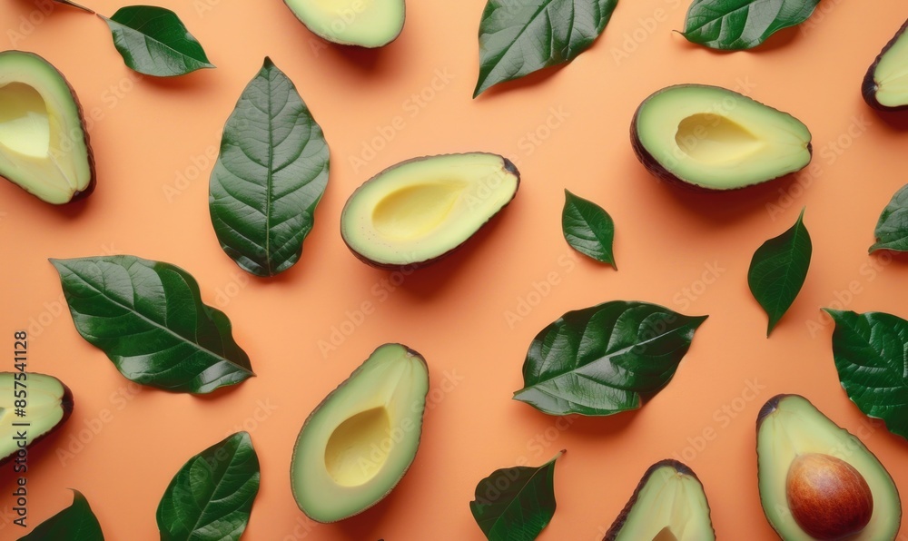 Fresh avocado slices with leaves on a pastel orange background Fresh avocado slices with leaves on a pastel orange background