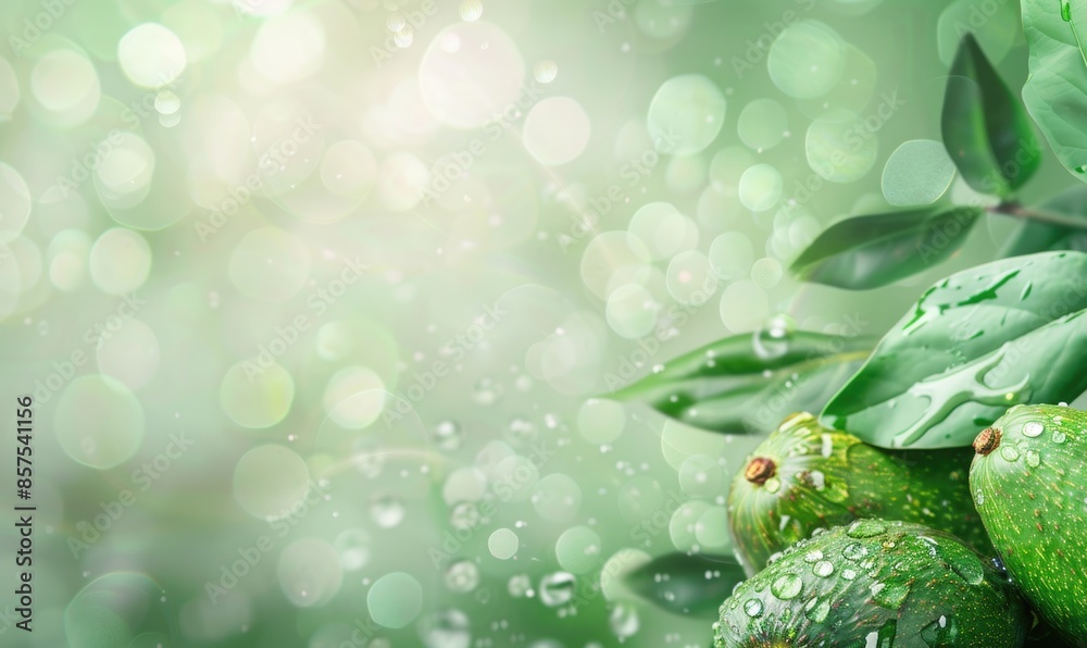 Fresh avocado with leaves and water droplets on a pastel green background Fresh avocado with leaves and water droplets on a pastel green background