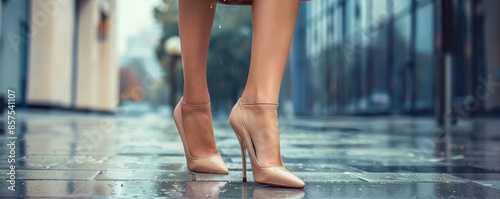 Closeup of a woman's legs in beige high heels, walking on a city street, showcasing elegance and fashion.